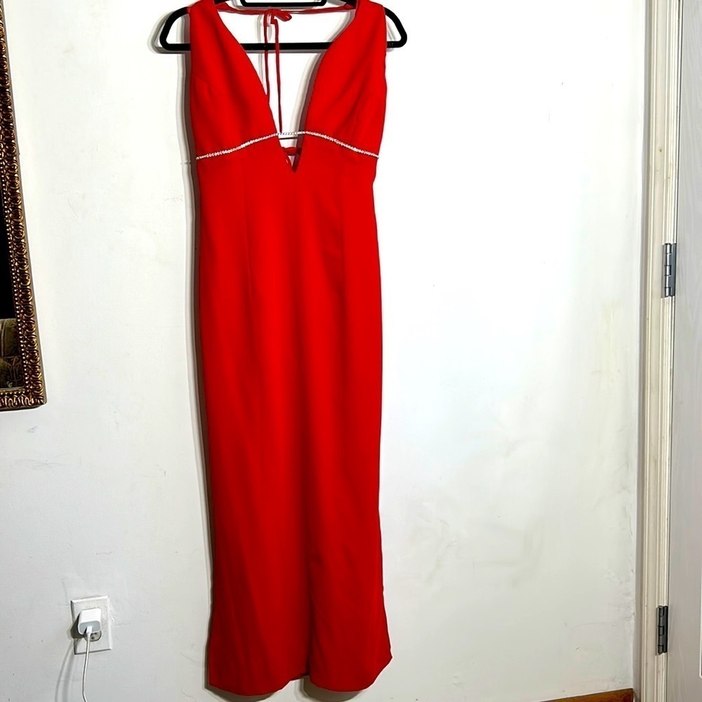 Custom couture plunging v neck full length open back halter neck gown women’s